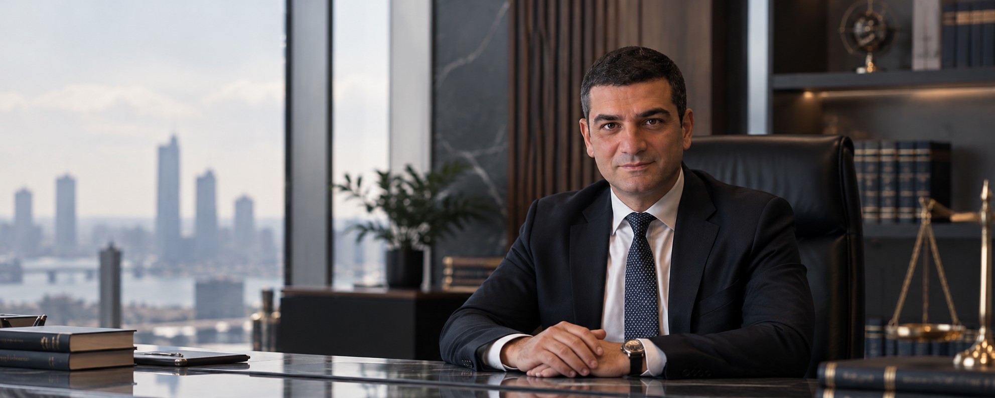 Av. Mesut Özkan’ı çalışma ofisinde gösteren portre